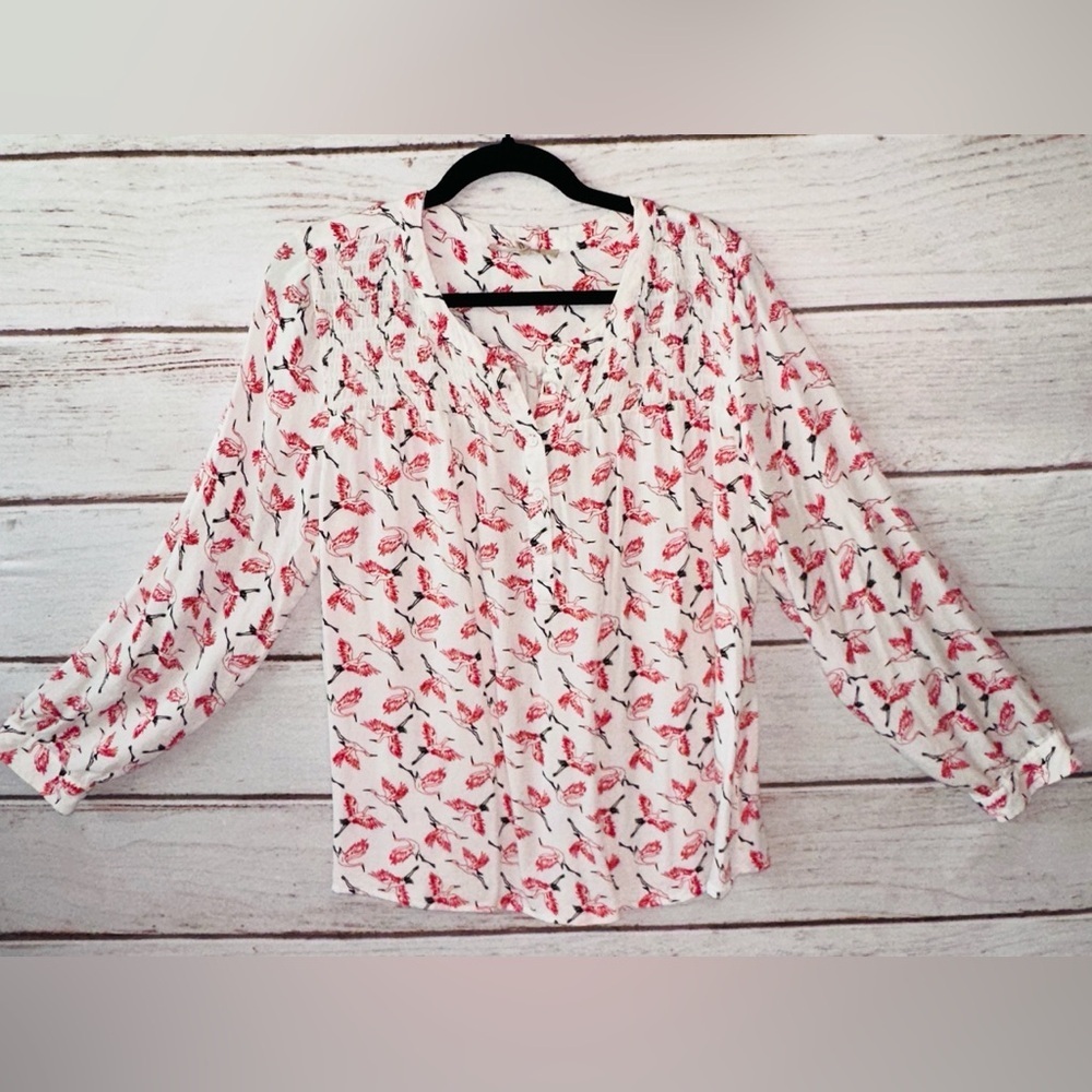 My Danielle White & Red Bird Print Blouse - Size L Lightweight Crane Office - Picture 2 of 8